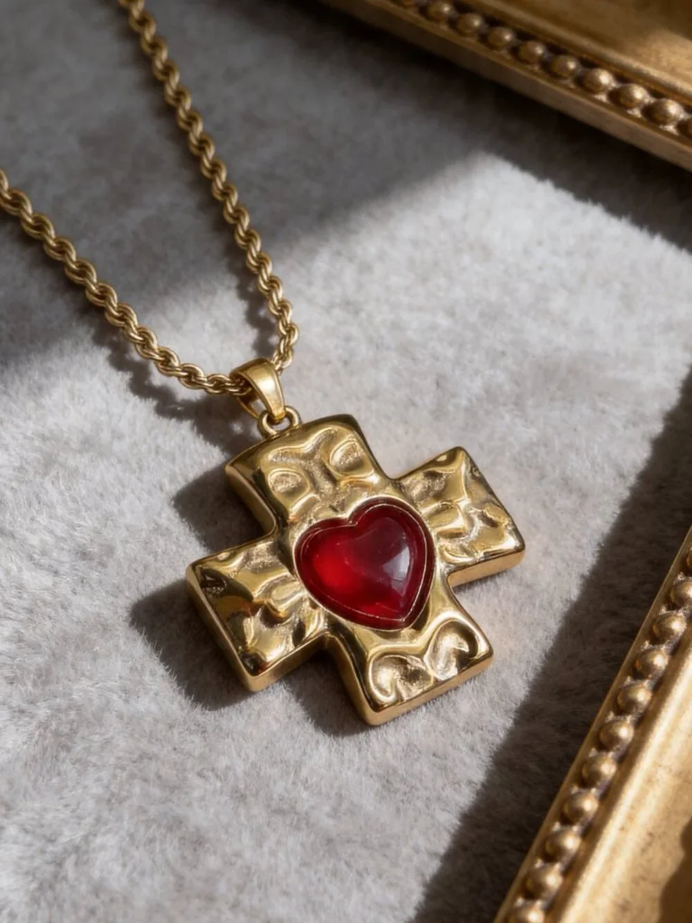 Gold Cross Heart Pendant Stainless Steel Vintage Style Necklace - Picture 2 of 12